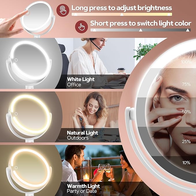 AngFan Vanity Mirror with Lights, 30X Magnifying Makeup Mirror with 3 Lighting and Adjustable Brightness, Rechargeable 2-Sided Height Adjustable Desk Mirror for Bathroom, Gift for Women White