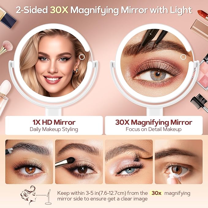 AngFan Vanity Mirror with Lights, 30X Magnifying Makeup Mirror with 3 Lighting and Adjustable Brightness, Rechargeable 2-Sided Height Adjustable Desk Mirror for Bathroom, Gift for Women White