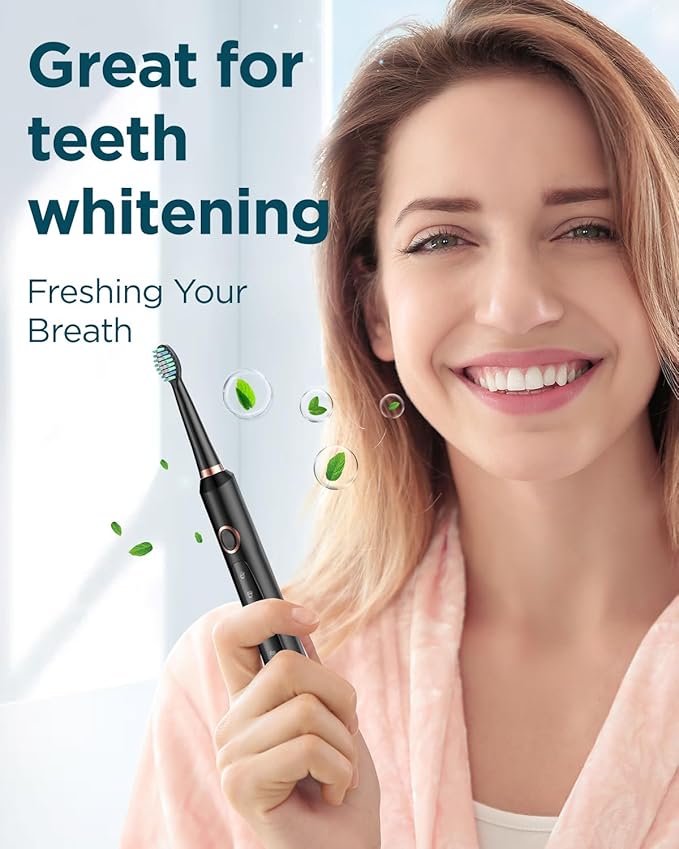 AngFan Electric Toothbrush for Adults - Rechargeable Electric toothbrush with 8 Brush Heads & Travel Case,Teeth Whitening , Power Electric Toothbrush with Holder, 3Hours Charge for 120 Days - Black