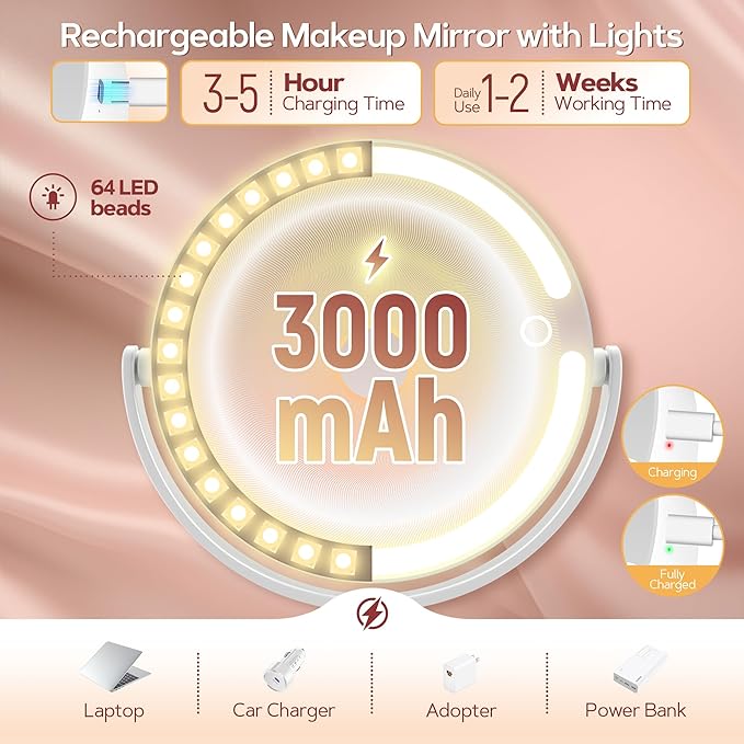 AngFan Vanity Mirror with Lights, 30X Magnifying Makeup Mirror with 3 Lighting and Adjustable Brightness, Rechargeable 2-Sided Height Adjustable Desk Mirror for Bathroom, Gift for Women White