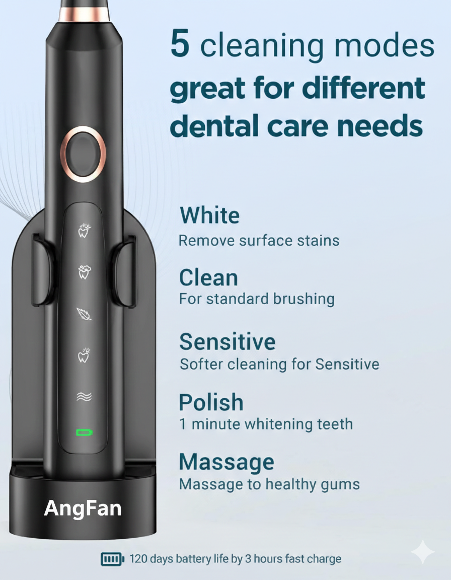 AngFan Electric Toothbrush for Adults - Rechargeable Electric toothbrush with 8 Brush Heads & Travel Case,Teeth Whitening , Power Electric Toothbrush with Holder, 3Hours Charge for 120 Days - Black