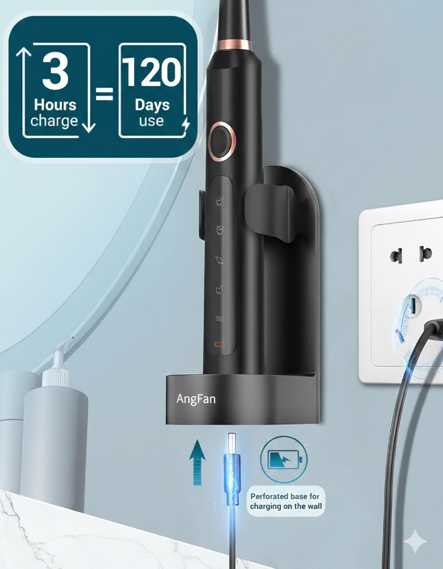 AngFan Electric Toothbrush for Adults - Rechargeable Electric toothbrush with 8 Brush Heads & Travel Case,Teeth Whitening , Power Electric Toothbrush with Holder, 3Hours Charge for 120 Days - Black