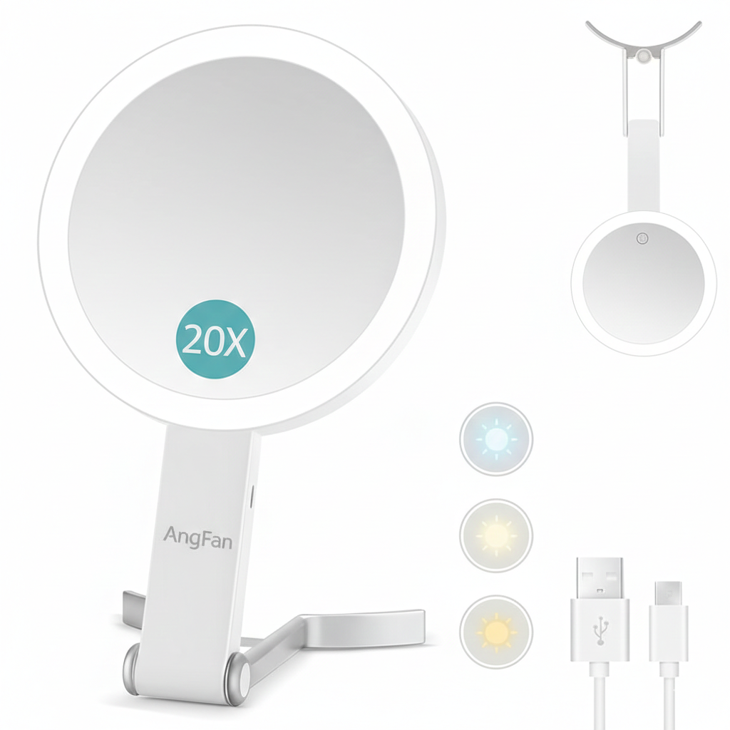 AngFan Magnifying Mirror with Light,20X Magnifying Makeup Mirror with Handheld,Travel Mirror with Lights and Magnification,3 Colors Desktop Mirror and Wall Mirror,Vanity Mirror with Lights 6 Inches