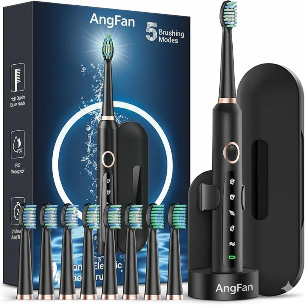 AngFan Electric Toothbrush for Adults - Rechargeable Electric toothbrush with 8 Brush Heads & Travel Case,Teeth Whitening , Power Electric Toothbrush with Holder, 3Hours Charge for 120 Days - Black