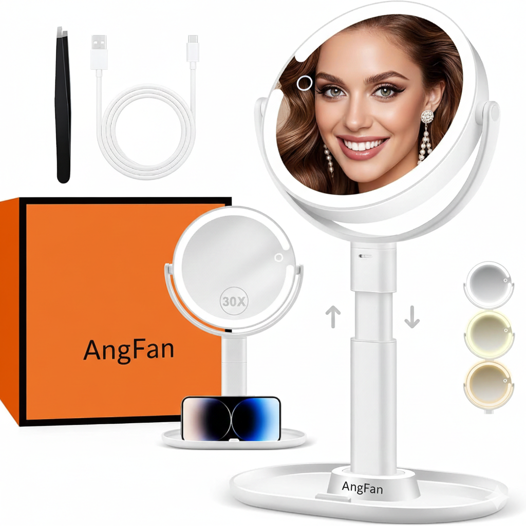 AngFan Vanity Mirror with Lights, 30X Magnifying Makeup Mirror with 3 Lighting and Adjustable Brightness, Rechargeable 2-Sided Height Adjustable Desk Mirror for Bathroom, Gift for Women White