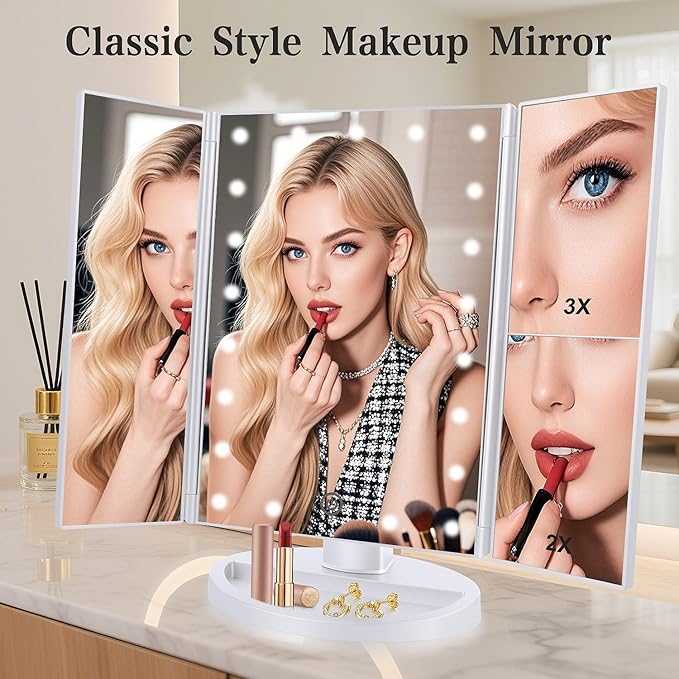 AngFan Floor Mount Tri-Fold Lighted Vanity Mirror with 21 LED Lights, Touch Screen and 3X/2X/1X Magnification, Two Power Supply Modes Make Up Mirror,Travel Mirror