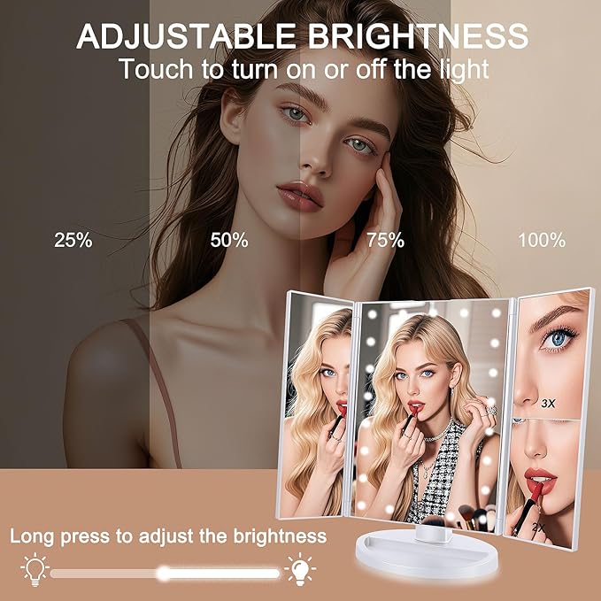 AngFan Floor Mount Tri-Fold Lighted Vanity Mirror with 21 LED Lights, Touch Screen and 3X/2X/1X Magnification, Two Power Supply Modes Make Up Mirror,Travel Mirror