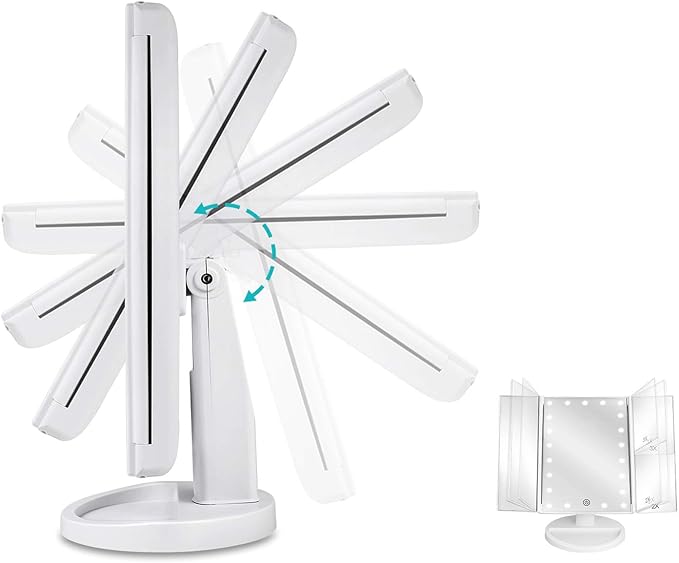 AngFan Floor Mount Tri-Fold Lighted Vanity Mirror with 21 LED Lights, Touch Screen and 3X/2X/1X Magnification, Two Power Supply Modes Make Up Mirror,Travel Mirror