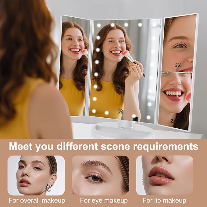 AngFan Floor Mount Tri-Fold Lighted Vanity Mirror with 21 LED Lights, Touch Screen and 3X/2X/1X Magnification, Two Power Supply Modes Make Up Mirror,Travel Mirror