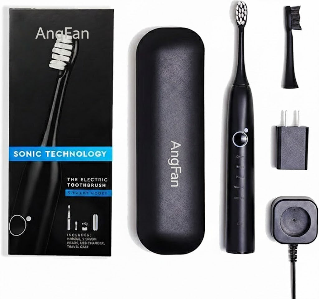 AngFan Sonic Electric Toothbrush for Adults & Teens, Black, 5 Smart Modes, Clean, White, Massage, Polish & Sensitive, Rechargeable with Travel Case & 2 Brush Heads, Industry-Leading 6 Week Charge