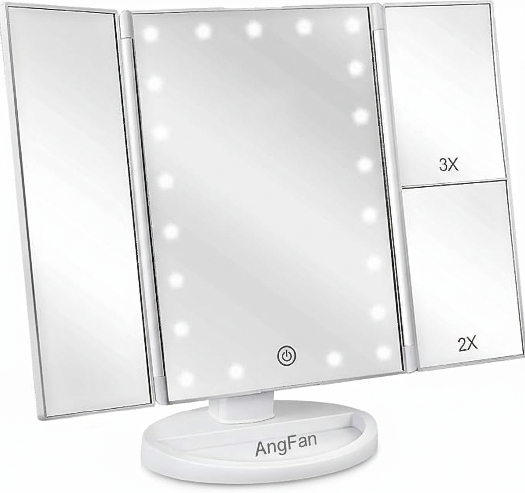 AngFan Floor Mount Tri-Fold Lighted Vanity Mirror with 21 LED Lights, Touch Screen and 3X/2X/1X Magnification, Two Power Supply Modes Make Up Mirror,Travel Mirror