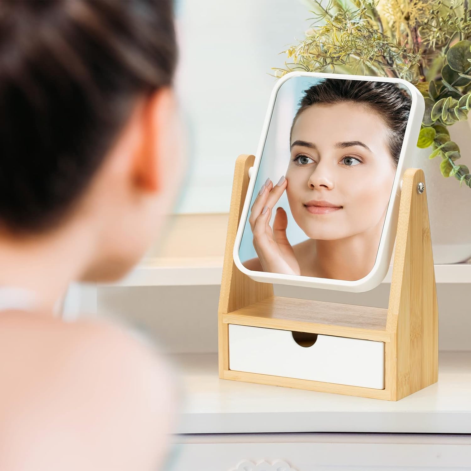 AngFan Vanity Double Sided Magnifying Makeup Mirror with Storage, Adjustable Natural Bamboo Stand, Portable Desk/Table Mirror, Rectangular