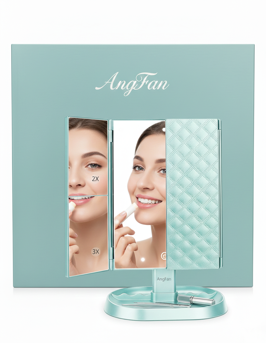 AngFan Trifold Lighted Vanity Makeup Mirror with 21 LED Lights,1x/2x/3x Magnification Touch Screen Dimming,Two Power Supplies Makeup Mirror, Gift for Women