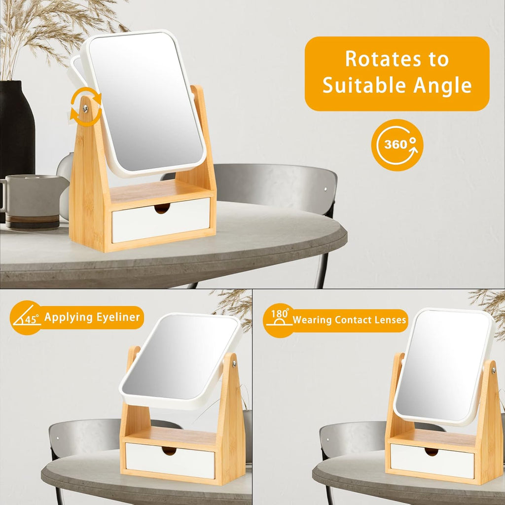 AngFan Vanity Double Sided Magnifying Makeup Mirror with Storage, Adjustable Natural Bamboo Stand, Portable Desk/Table Mirror, Rectangular