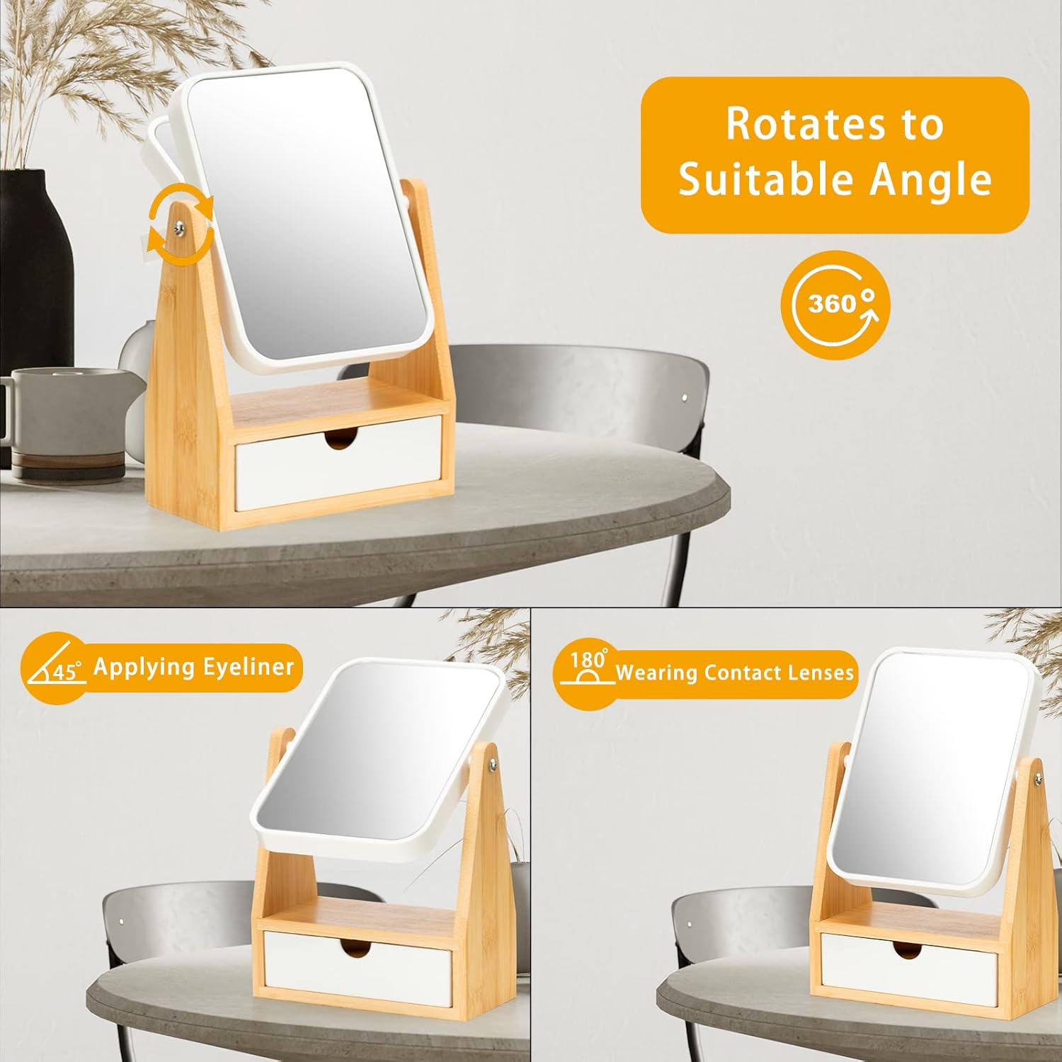 AngFan Vanity Double Sided Magnifying Makeup Mirror with Storage, Adjustable Natural Bamboo Stand, Portable Desk/Table Mirror, Rectangular