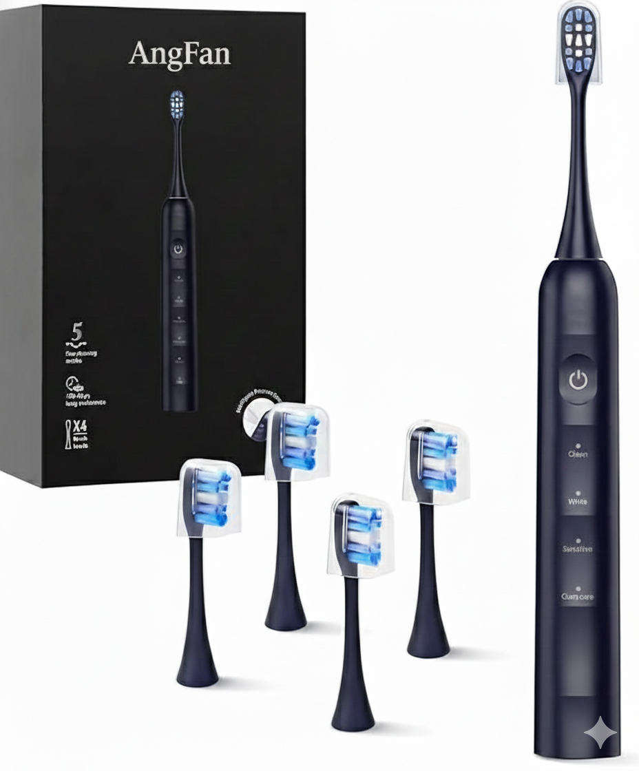 AngFan Electric Toothbrush for Adults 180 Days Battery Life Rechargeable with 5 Modes, 48000VPM Motor Smart Timer IPX8, Sonic Toothbrush with 4 Brush Heads &Travel Case, Black
