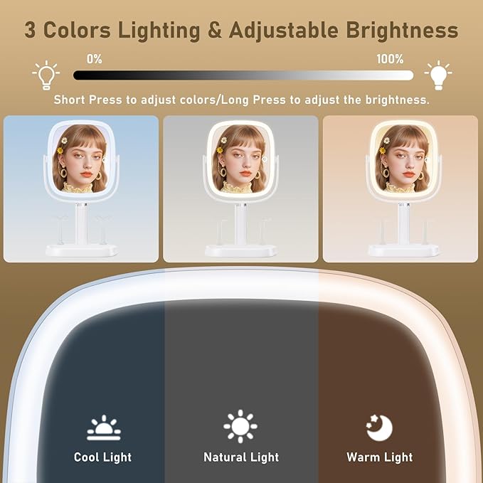 AngFan Vanity Mirror with Lights, Rectangular Lighted Makeup Mirror with 3 Color Lights, 1X/10X Magnification, Adjustable Height, 360° Rotation, 4000mAh Rechargeable for Desk, Gifts for Women