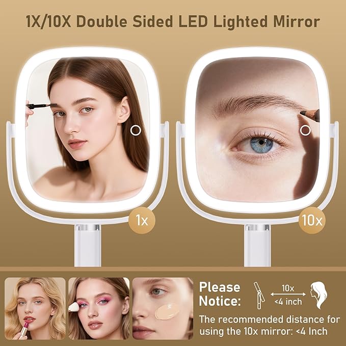 AngFan Vanity Mirror with Lights, Rectangular Lighted Makeup Mirror with 3 Color Lights, 1X/10X Magnification, Adjustable Height, 360° Rotation, 4000mAh Rechargeable for Desk, Gifts for Women