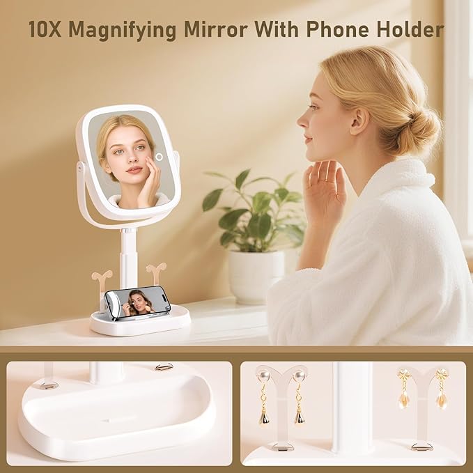 AngFan Vanity Mirror with Lights, Rectangular Lighted Makeup Mirror with 3 Color Lights, 1X/10X Magnification, Adjustable Height, 360° Rotation, 4000mAh Rechargeable for Desk, Gifts for Women