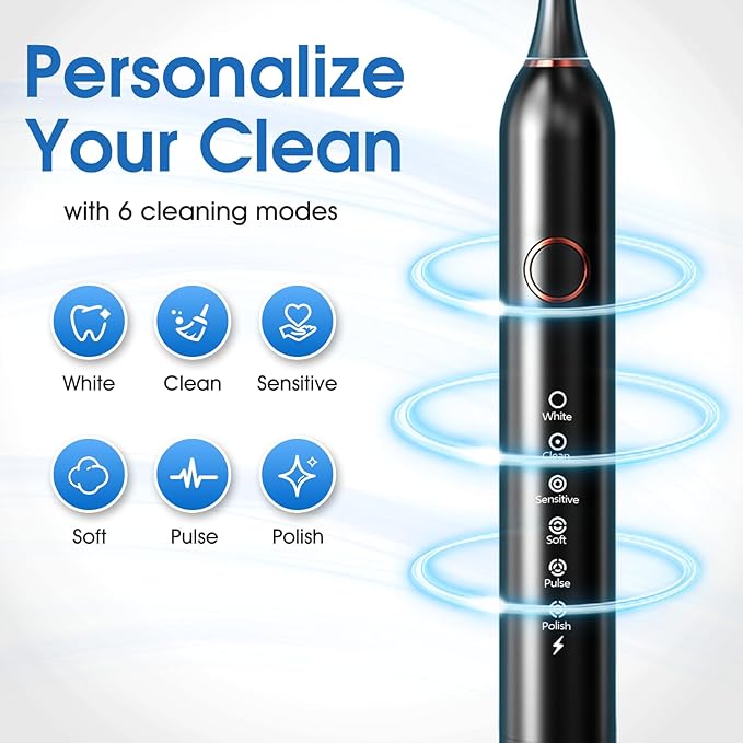 AngFan Electric Toothbrush, Sonic Type for Adults & Teens, 8 Brush Heads, Travel Case, 6 Modes, 40000 VPM Electric Motor, IPX7 Waterproof, 2 Minutes Timer, Wireless Charging, One Charge for 100 Days（Black）