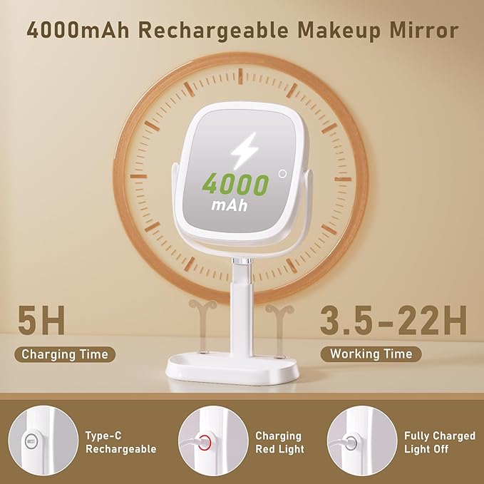 AngFan Vanity Mirror with Lights, Rectangular Lighted Makeup Mirror with 3 Color Lights, 1X/10X Magnification, Adjustable Height, 360° Rotation, 4000mAh Rechargeable for Desk, Gifts for Women