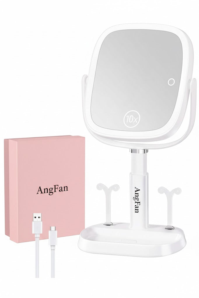 AngFan Vanity Mirror with Lights, Rectangular Lighted Makeup Mirror with 3 Color Lights, 1X/10X Magnification, Adjustable Height, 360° Rotation, 4000mAh Rechargeable for Desk, Gifts for Women