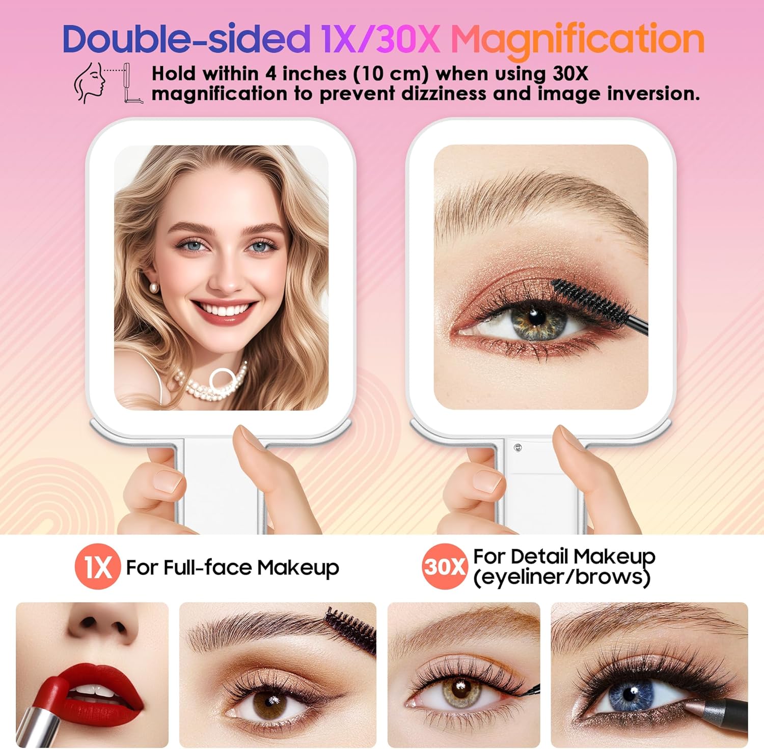 AngFan Magnifying Travel Mirror with Light, 30X/1X Double-Sided Magnifying Mirror with 3 Color Lights, Brightness Adjustable, Foldable Handheld Makeup Mirrors Portable for Travel and Desktop Use