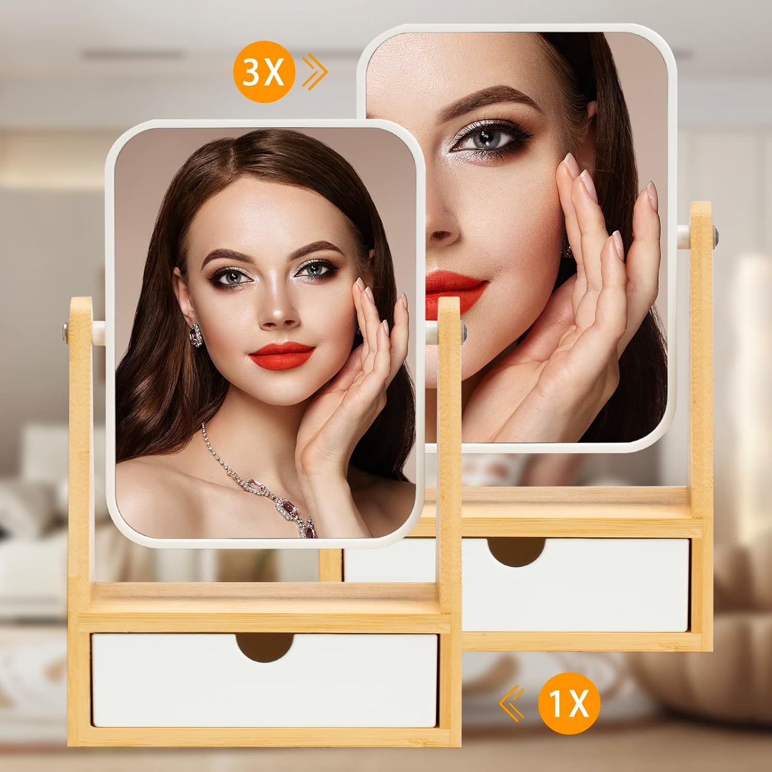 AngFan Vanity Double Sided Magnifying Makeup Mirror with Storage, Adjustable Natural Bamboo Stand, Portable Desk/Table Mirror, Rectangular