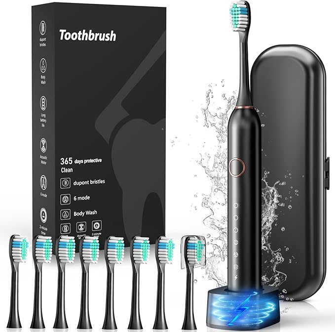 AngFan Electric Toothbrush, Sonic Type for Adults & Teens, 8 Brush Heads, Travel Case, 6 Modes, 40000 VPM Electric Motor, IPX7 Waterproof, 2 Minutes Timer, Wireless Charging, One Charge for 100 Days（Black）