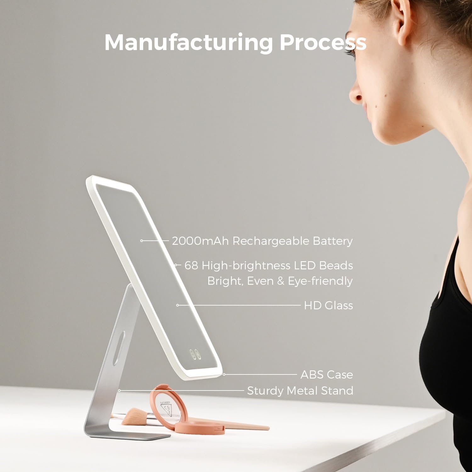 AngFan Lighted Makeup Mirror, Metal Table Mirror with Stand, 2000 mAh Rechargeable Vanity Mirror with 3 Colors and Brightness Adjustable, 12 Inch Light up Mirror