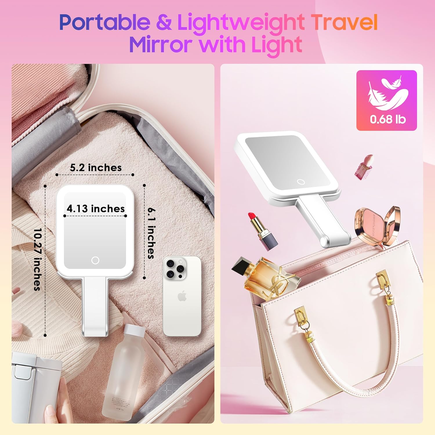 AngFan Magnifying Travel Mirror with Light, 30X/1X Double-Sided Magnifying Mirror with 3 Color Lights, Brightness Adjustable, Foldable Handheld Makeup Mirrors Portable for Travel and Desktop Use