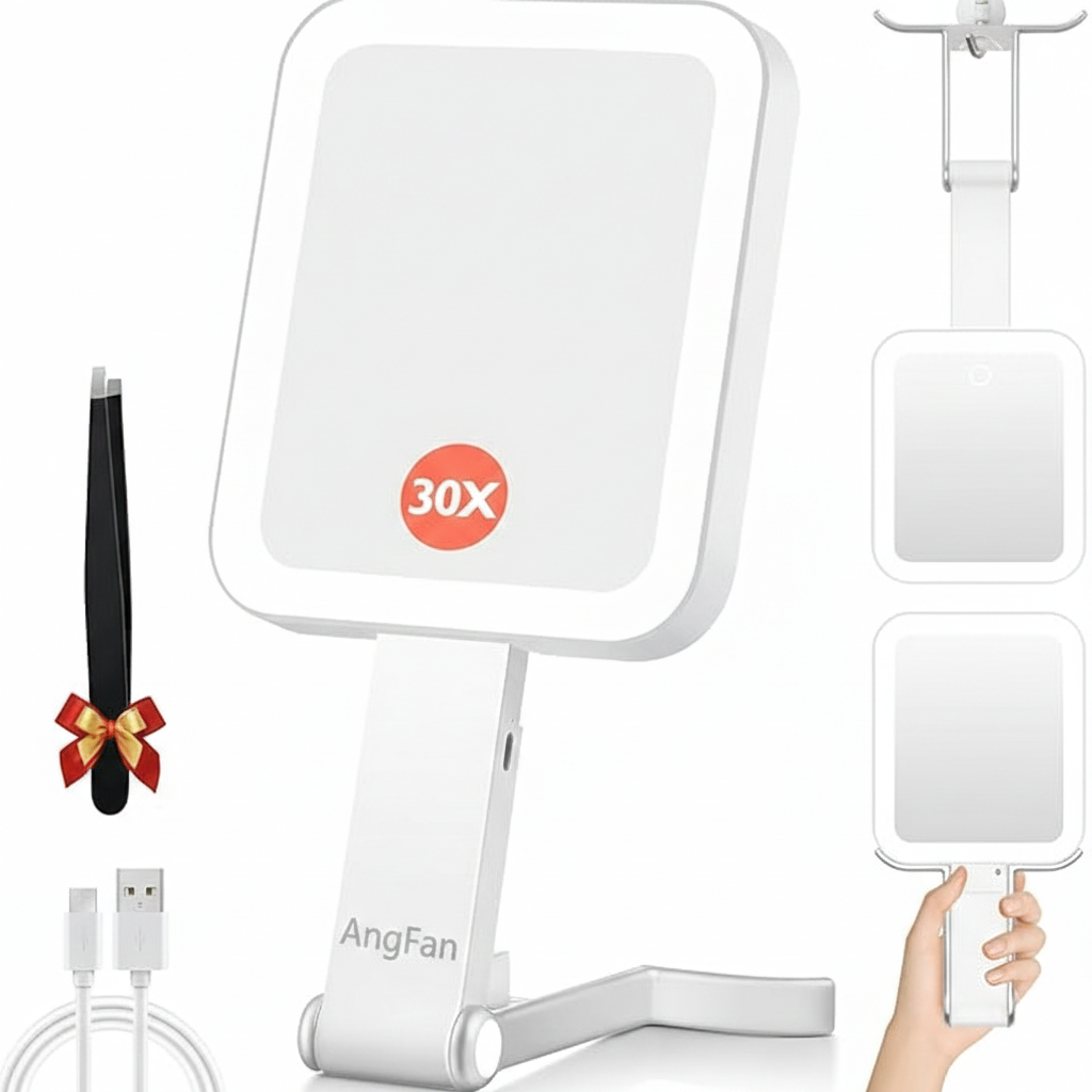 AngFan Magnifying Travel Mirror with Light, 30X/1X Double-Sided Magnifying Mirror with 3 Color Lights, Brightness Adjustable, Foldable Handheld Makeup Mirrors Portable for Travel and Desktop Use