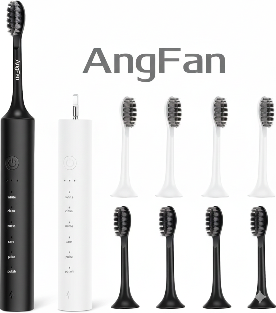 AngFan 2 Pack Sonic Electric Toothbrush for Adults, Rechargeable Toothbrush with 2 Minute Built-in Timer, 6 Powerful Modes with 3 Intensity Levels, 8 Soft Brush Heads (Black + White)