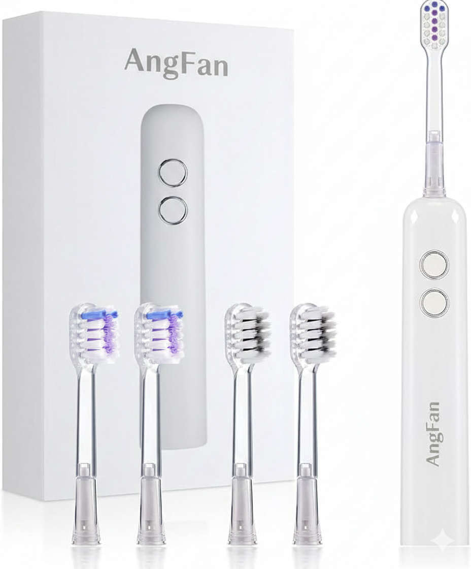 AngFan Adult Electric Toothbrush Sonic Vibration Deep Oral Cleaning Teeth Whitening Includes 4 Replacement Brush Heads Ultra-Soft Bristles 3 Cleaning Modes 90-Day Battery Life IPX7 Waterproof Unisex Gift