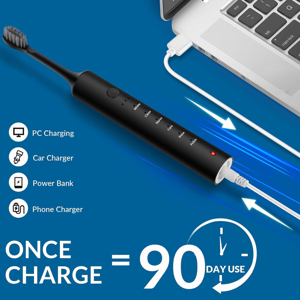 AngFan 2 Pack Sonic Electric Toothbrush for Adults, Rechargeable Toothbrush with 2 Minute Built-in Timer, 6 Powerful Modes with 3 Intensity Levels, 8 Soft Brush Heads (Black + White)