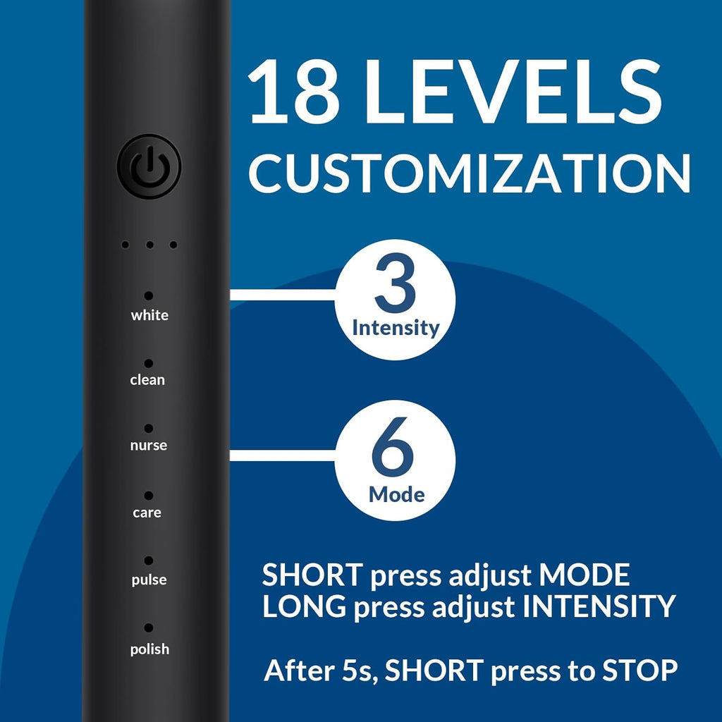 AngFan 2 Pack Sonic Electric Toothbrush for Adults, Rechargeable Toothbrush with 2 Minute Built-in Timer, 6 Powerful Modes with 3 Intensity Levels, 8 Soft Brush Heads (Black + White)